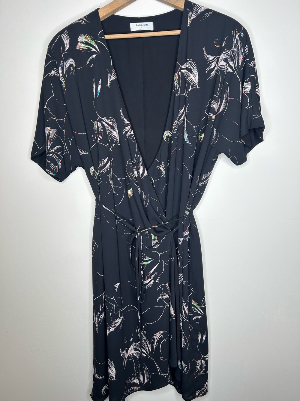 Babaton Black Wrap Dress Size L Multi-Color Abstract Fireworks Paintbrush